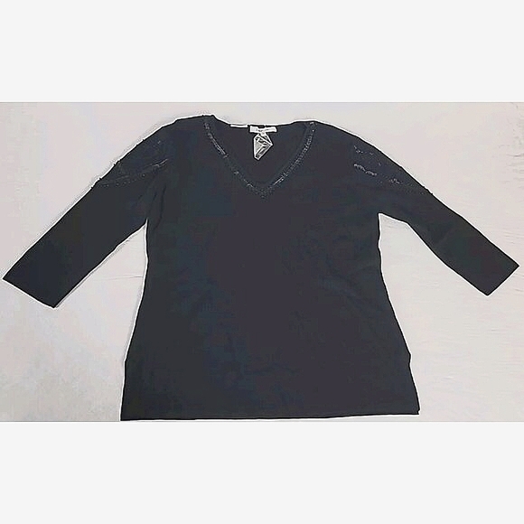 Loulou Studio Sweater 1X Black  Pullover V-Neck Black Rhinestone At Neck Sleeve - Picture 1 of 12